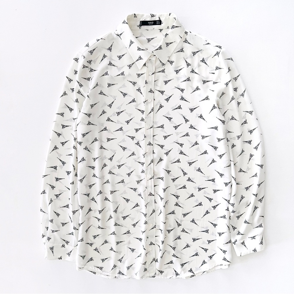 MNG by Mango Paris Eiffel Tower Print Button Front Blouse Long Sleeve Size 8